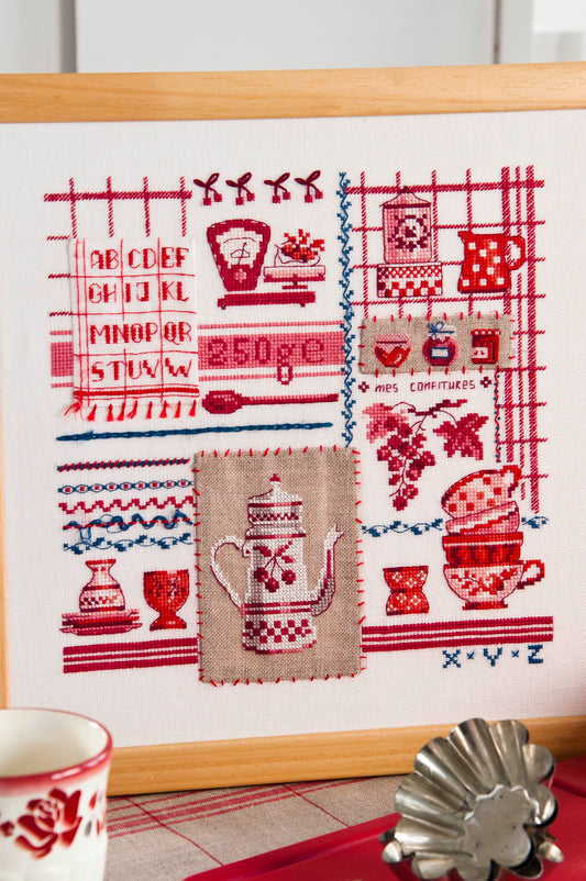 Grille broderie point de croix : Un dimanche à la campagne, faïence rouge. 138x138 points, 6 pages, couleurs DMC. Lin blanc et bis.