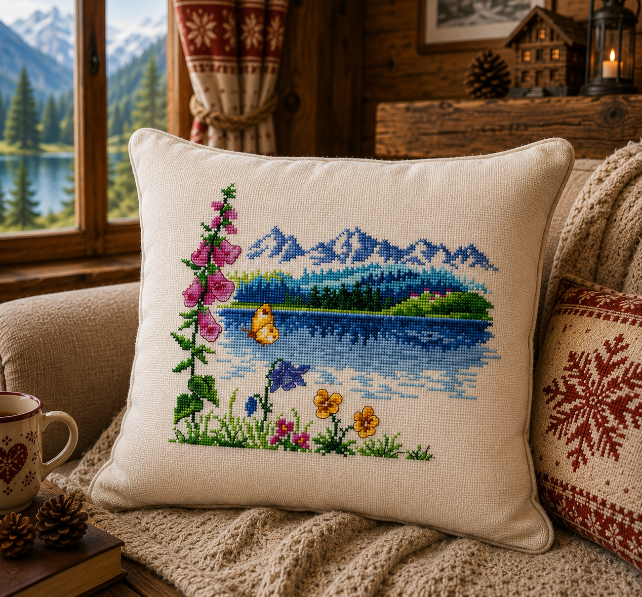 Grille de broderie au point de croix : Un lac de montagne, paysage alpin serein avec chalets et sapins. 6 pages avec symboles et références DMC. À broder sur Aïda ou lin.