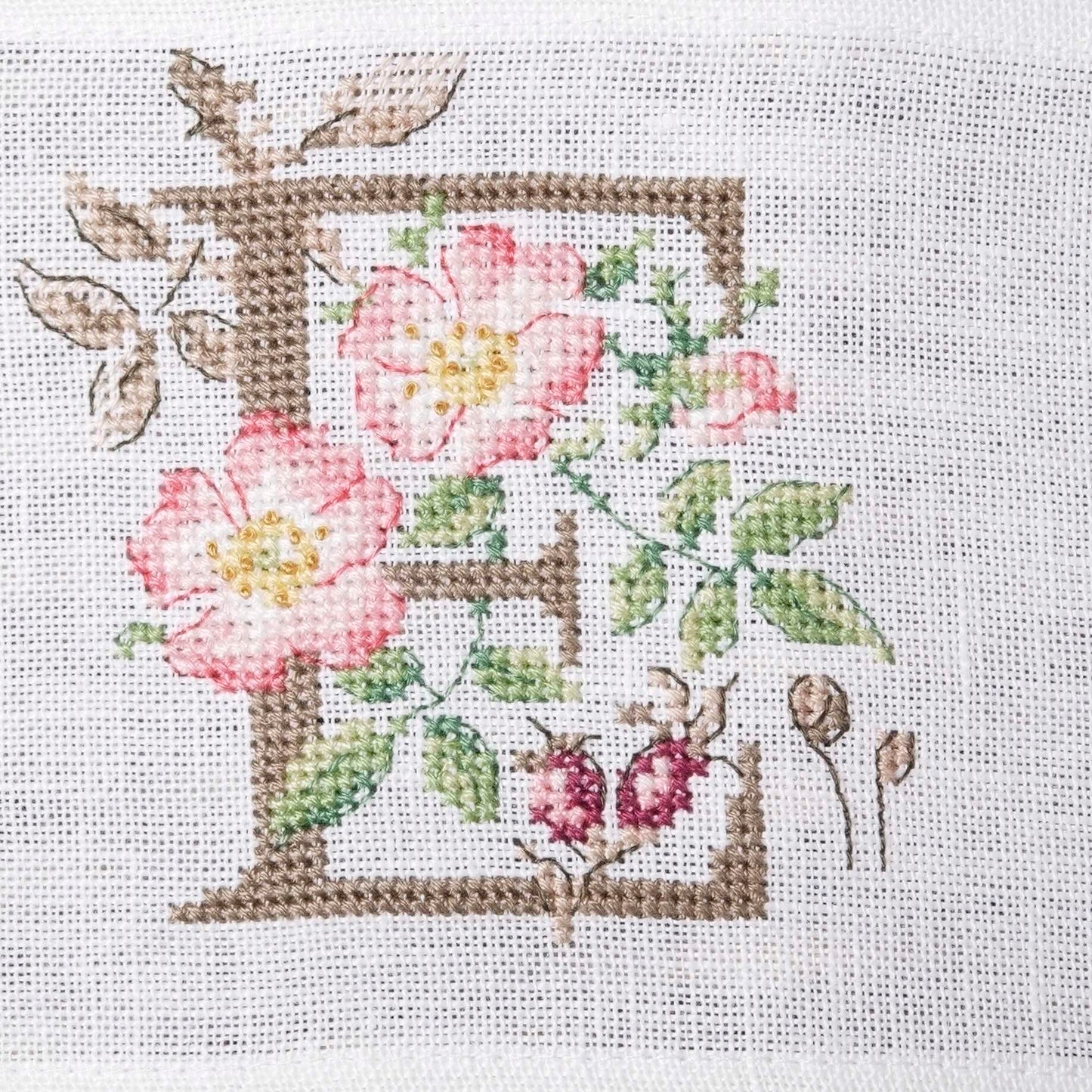 Grille de broderie point de croix : Une brassée de roses, abécédaire botanique. 50x50 points, 4 pages, couleurs DMC. Lin blanc.