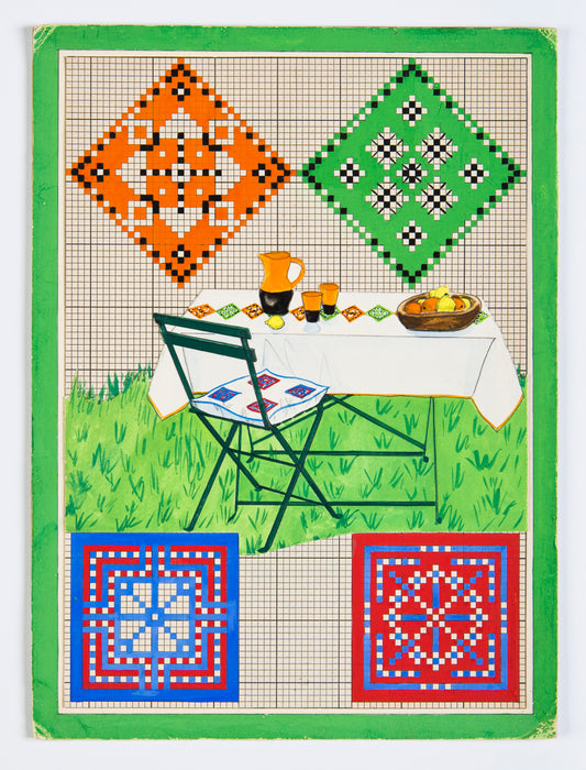 Grille point de croix – Une table au jardin, coloris DMC : détail des motifs carrés et losanges brodés suspendus en corde à linge, ambiance jardin bucolique et estival – Création Point de Croix