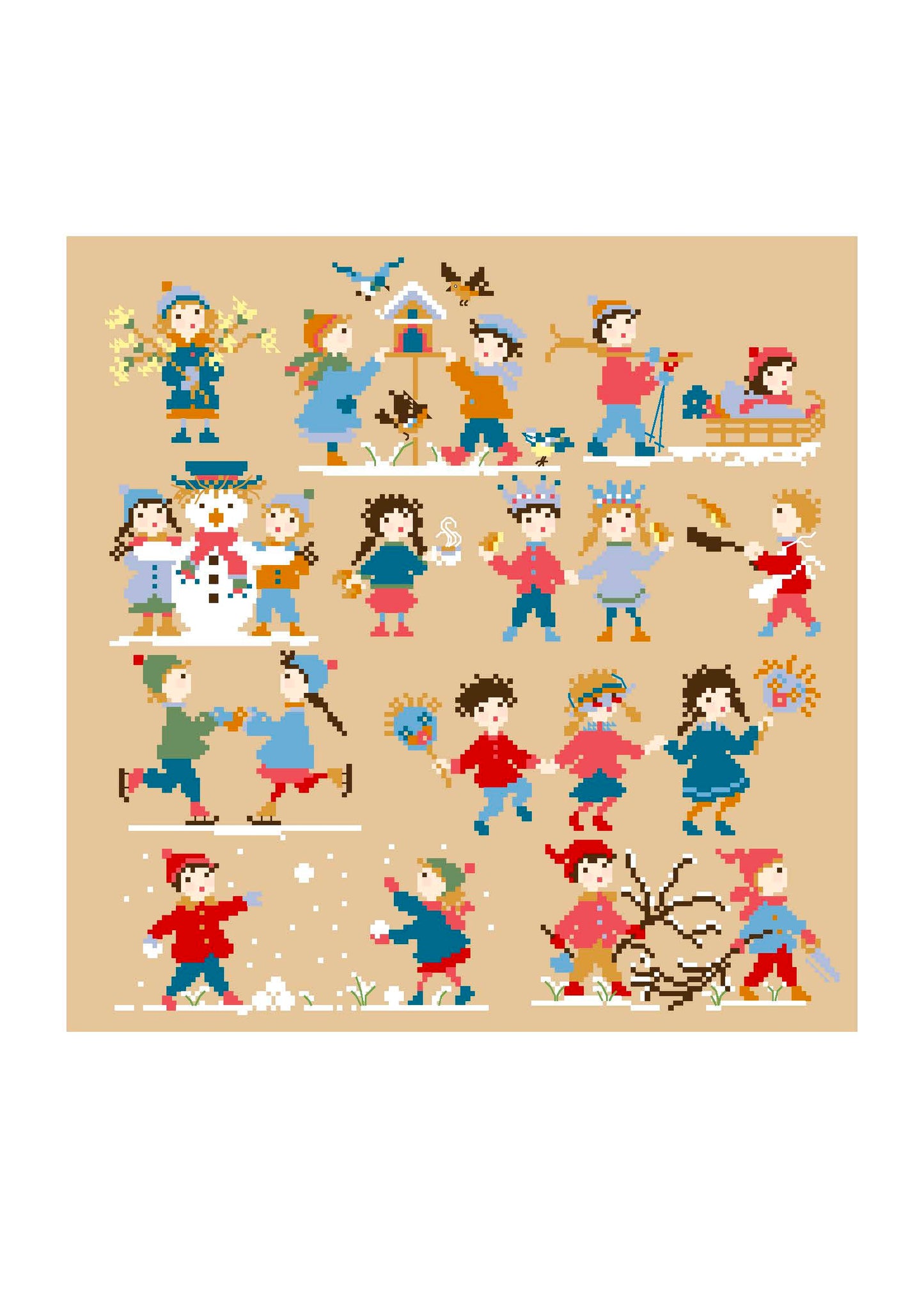 Grille inédite broderie point de croix : 20 enfants en hiver par Perrette Samouiloff. 155×157 pts. Point de croix (2 brins), ¾ point, point de piqûre, point de nœud.