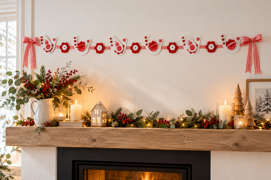 Brodez une guirlande d’oiseaux rouges et blancs d’inspiration folklorique, avec fleurs en feutrine et ruban à chevrons, pour décorer Noël.