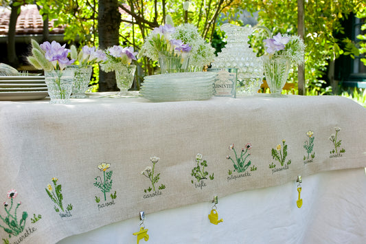 Grille broderie point de croix : nappe herbier avec pâquerettes, pissenlits, pavots et trèfles. Motifs sur lin 11 fils ou Aïda 5,5 pts. 4 pages. Ref. DMC.