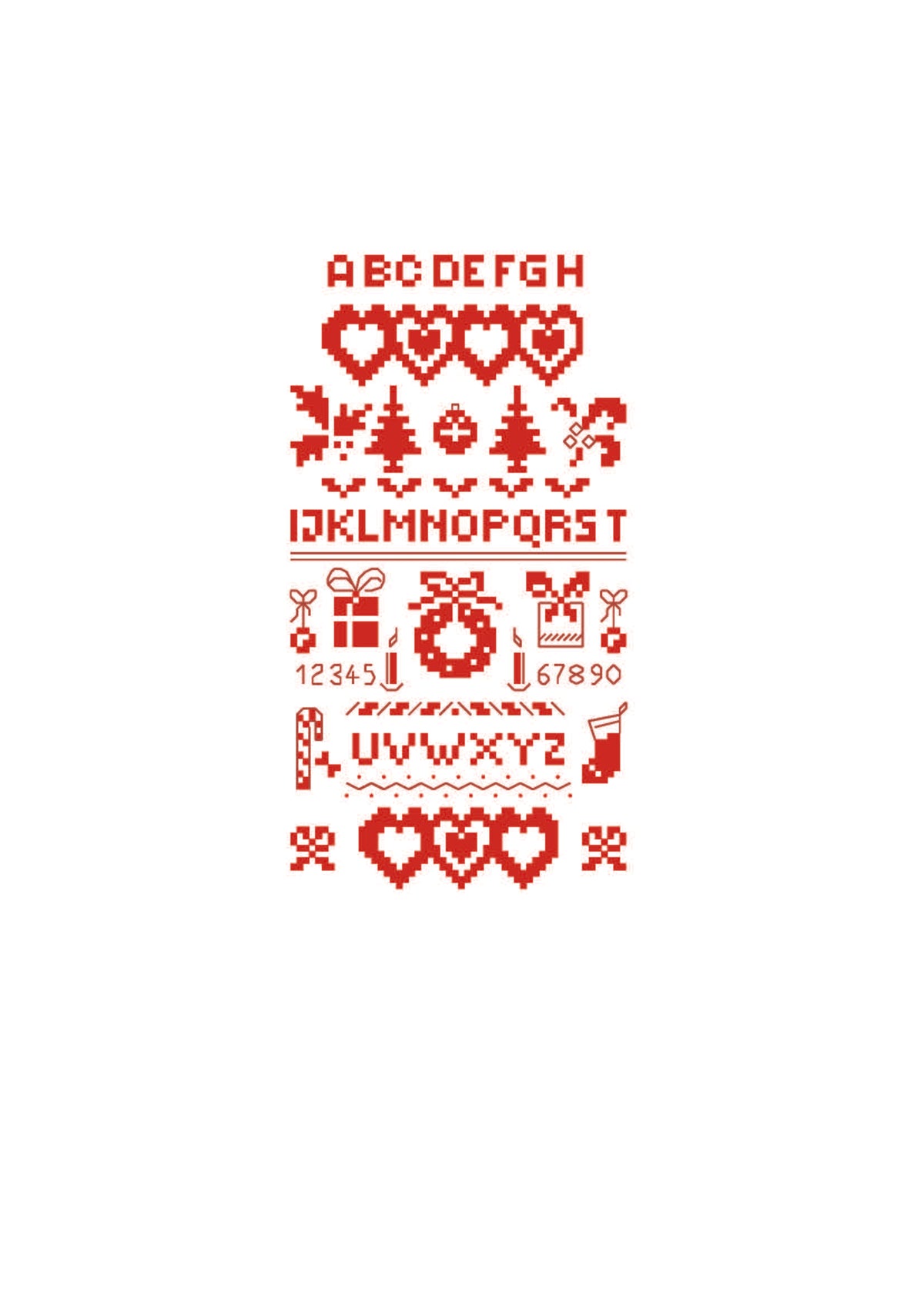 Brodez « Noël sous cloche », un abécédaire de Noël rouge et or avec cœurs, sapins et cadeaux. Motif de 54 × 102 points, sur lin blanc 11 fils.