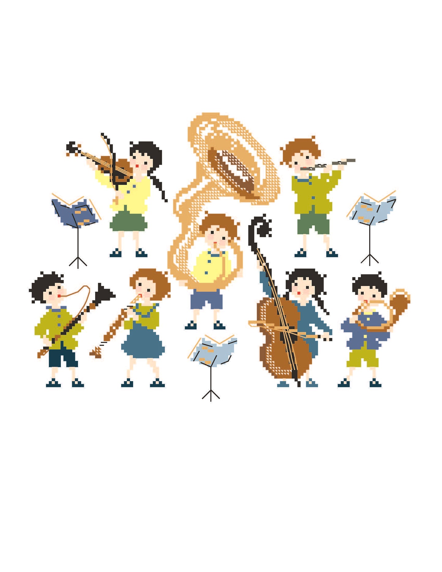 Grille point de croix La Symphonie des Petits de Perrette Samouiloff. Orchestre d'enfants 132x100 points, violon, flûte, tuba. À broder sur toile claire.