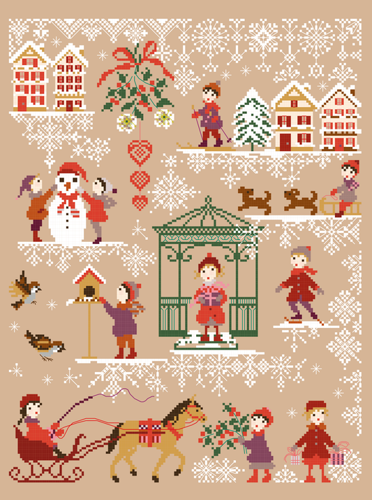 Grille inédite broderie point de croix : Le kiosque de Noël par Perrette Samouiloff. 160×230 pts, point de croix, ¾ de point, point de piquûre. Toile blanche ou claire.