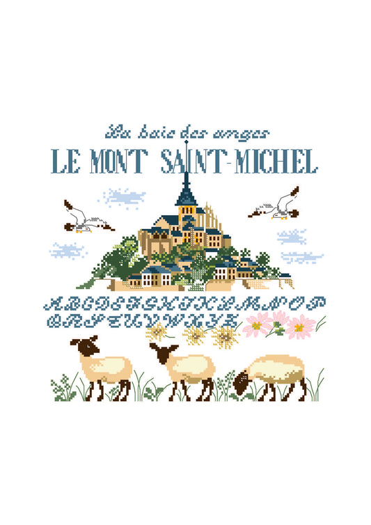 Grille point de croix représentant le Mont Saint-Michel avec moutons des prés salés et mouettes. Création de Perrette Samouiloff. 146 x 143 points, point de croix 2 brins.