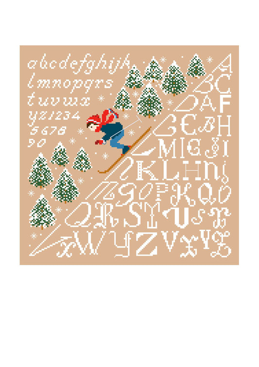 Grille point de croix de Perrette Samouïloff : skieur et alphabet graphique avec sapins, 149x148 pts. Broderie hivernale dynamique sur toile bi ou couleur.