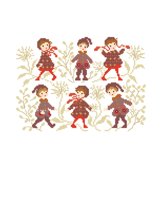 Grille point de croix hiver : enfants en manteaux jacquard rouge. 124x89 pts. Motif rétro et chaleureux signé Perrette Samouïloff.