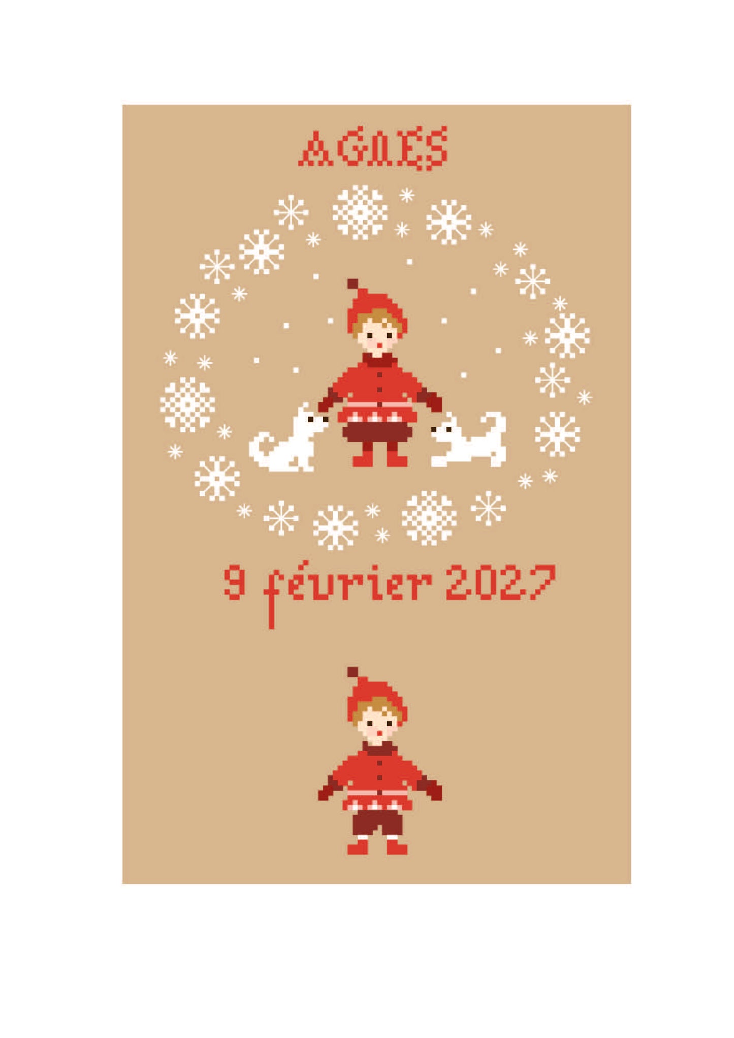 Grille point de croix naissance de février avec abécédaire à personnaliser. Création de Perrette Samouiloff. 88 x 102 points, point de croix 2 brins.