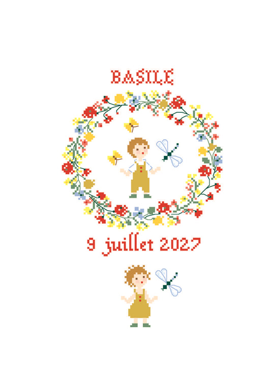 Grille point de croix Naissance Juillet avec abécédaire de Perrette Samouïloff. 88x102 points, techniques croix 2 brins et point de piqûre. À broder sur toile blanche.