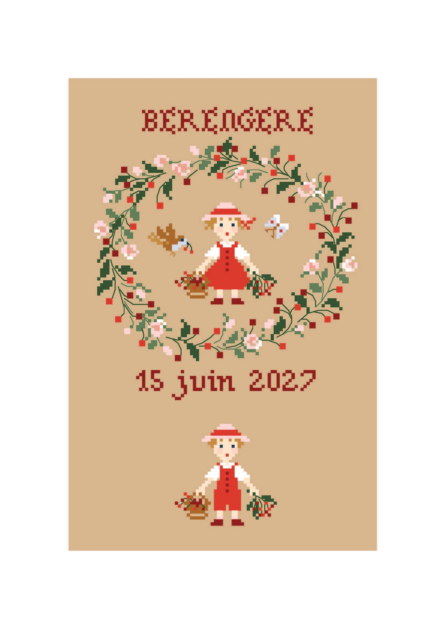 Grille point de croix Naissance Juin avec abécédaire de Perrette Samouïloff. 88x102 points, techniques croix 2 brins et point de piqûre. À broder sur toile bis.