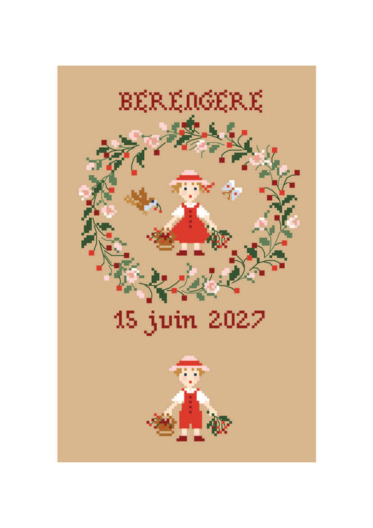Grille point de croix Naissance Juin avec abécédaire de Perrette Samouïloff. 88x102 points, techniques croix 2 brins et point de piqûre. À broder sur toile bis.