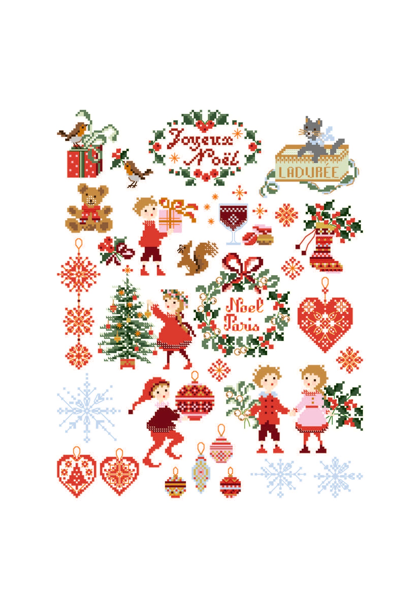 Grille point de croix Noël : mini-motifs personnages, sapins, cœurs. 150x190 pts. Planche festive signée Perrette Samouïloff.