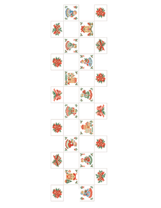 Brodez « Les Noëls de notre enfance » : motifs rétro de Noël pour chemin de table sur Aïda 5,5 points/cm. Petits motifs de 65 × 65 points en moyenne.
