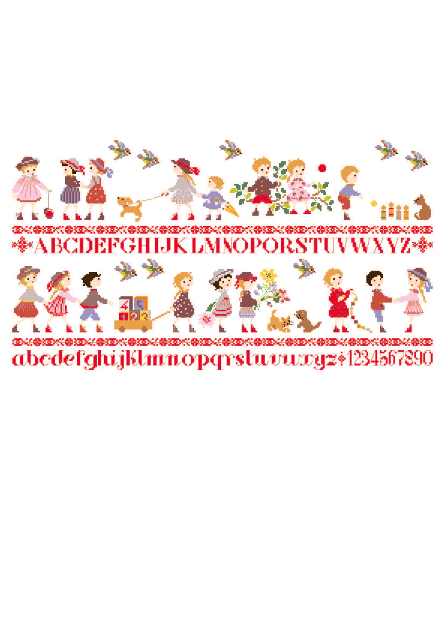 Grille point de croix Ribambelle Enfants ABC de Perrette Samouiloff. Frise alphabet 280x153 points, enfants, animaux et fleurs. À broder sur toile claire.