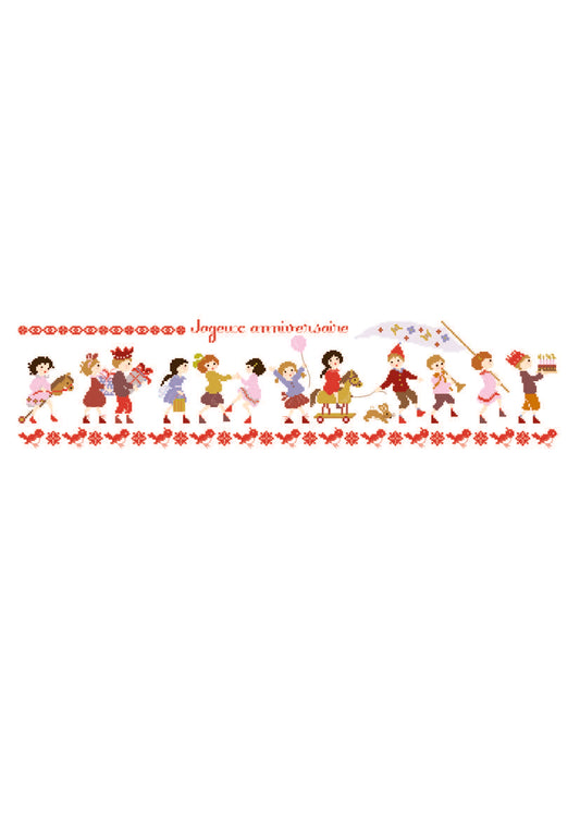 Grille point de croix Ribambelle Enfants Anniversaire de Perrette Samouiloff. Frise festive 334x80 points, ballons et gâteaux. À broder sur toile claire.