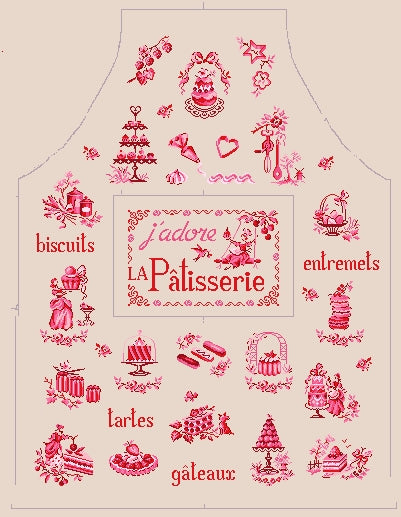 Grille de broderie point de croix : tablier toile de Jouy brodé par V. Enginger. Réf. DMC incluse. À broder sur lin bis. Création Point de Croix.
