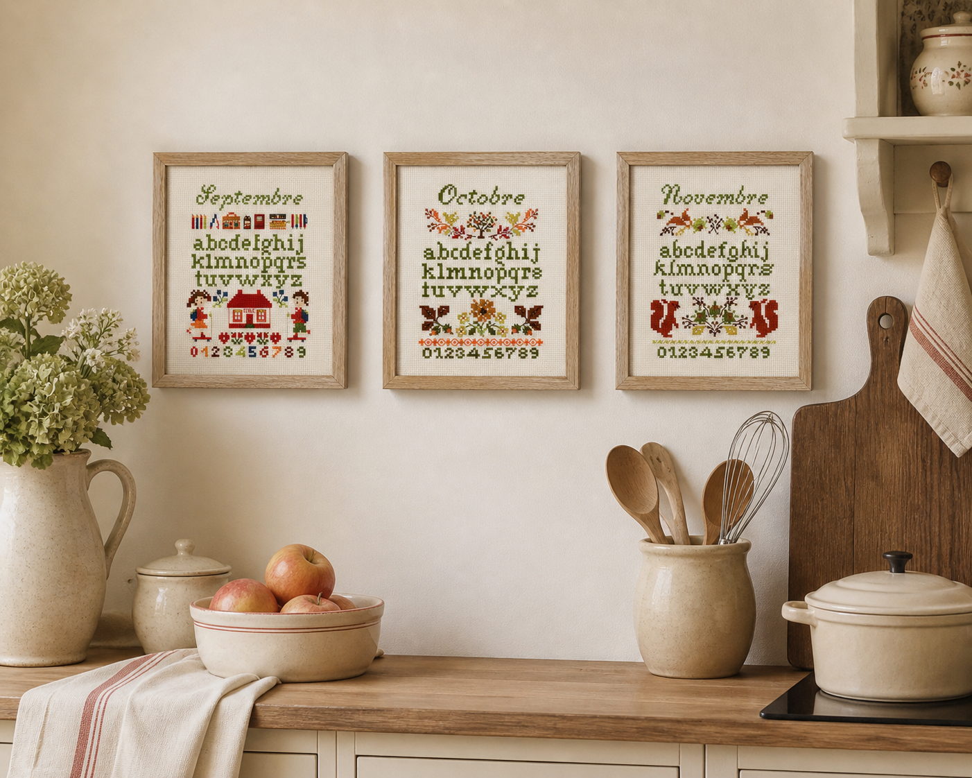 Trois grilles de point de croix sur le thème de l'automne par Perrette Samouïloff. Abécédaires aux motifs d'écureuils, feuilles et scènes automnales. 180x148 pts.