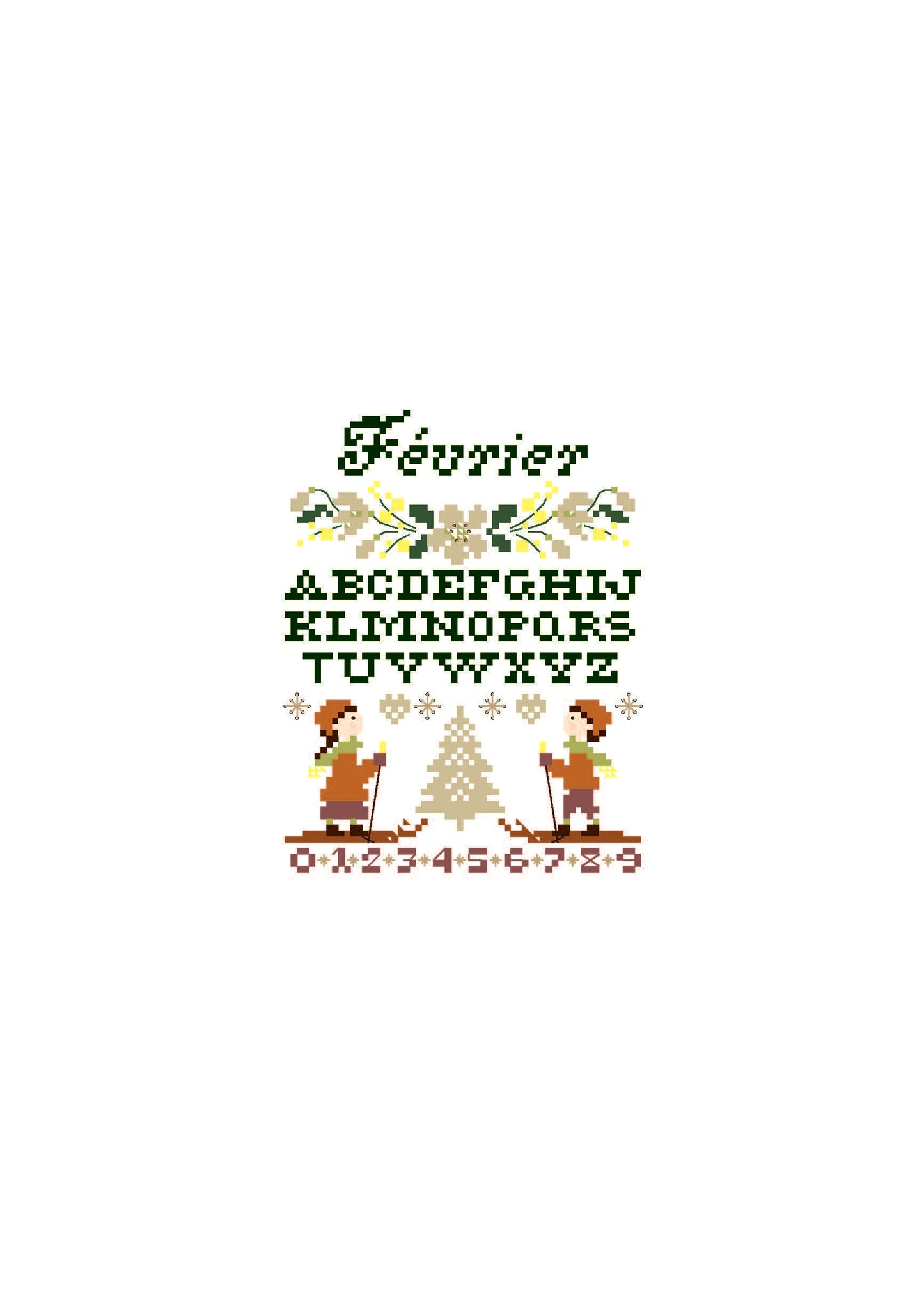 Collection de 3 grilles samplers d'hiver à broder : flocons, motifs traditionnels, abécédaires. 60x60 pts. Point de croix, piqûre et nœud.