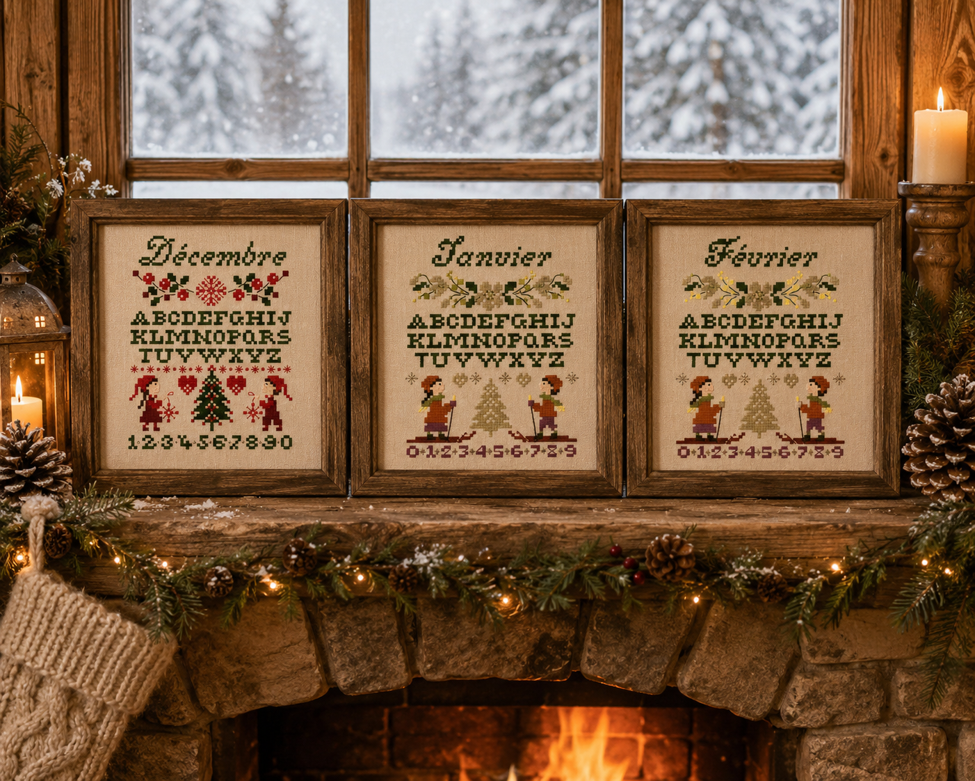 Collection de 3 grilles samplers d'hiver à broder : flocons, motifs traditionnels, abécédaires. 60x60 pts. Point de croix, piqûre et nœud.