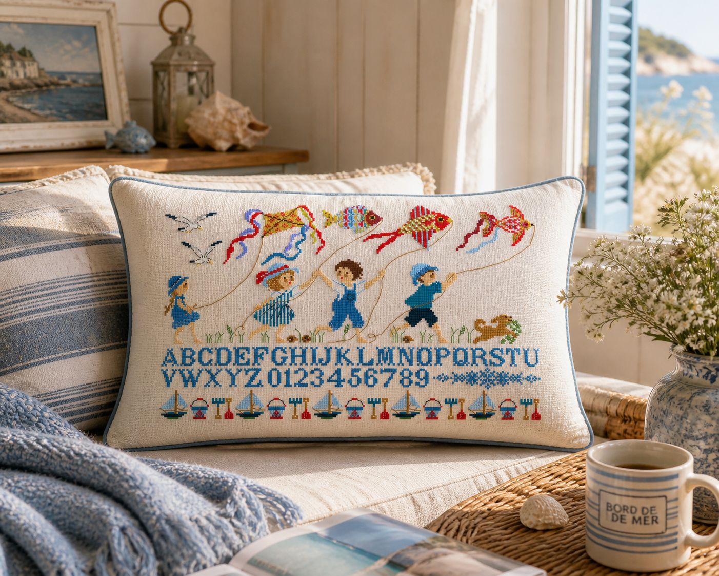 Grille point de croix avec enfants et cerfs-volants au bord de la mer, alphabet et chiffres inclus. Création de Perrette Samouiloff. 220 x 136 points, idéale pour chambre d'enfant.
