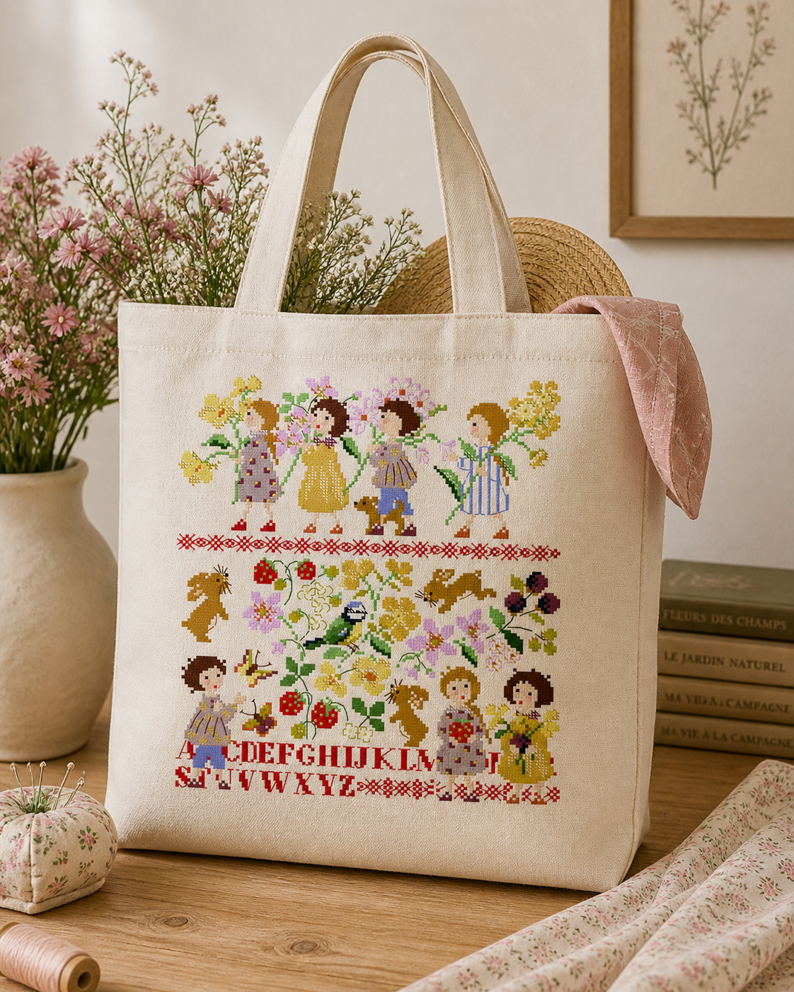 Abécédaire enfants et fleurs à broder au point de croix. 130x140 pts. Création Perrette Samouïloff, motifs jardin et lettres délicates.