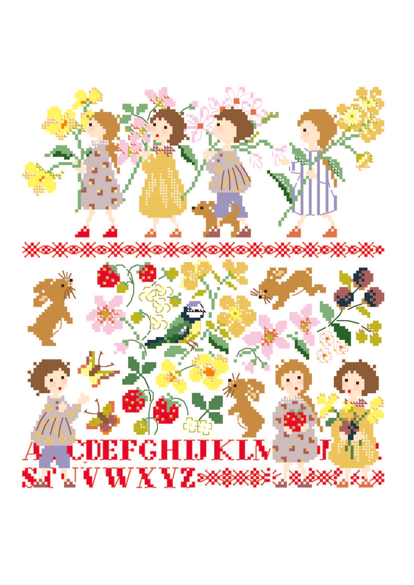 Abécédaire enfants et fleurs à broder au point de croix. 130x140 pts. Création Perrette Samouïloff, motifs jardin et lettres délicates.