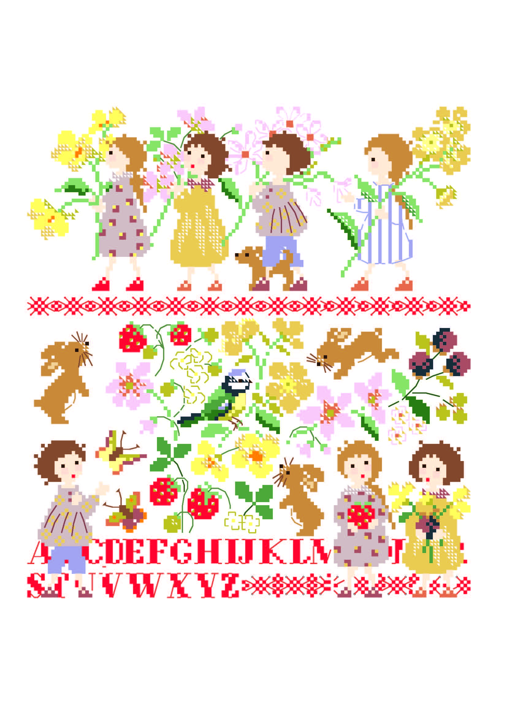 Abécédaire enfants et fleurs à broder au point de croix. 130x140 pts. Création Perrette Samouïloff, motifs jardin et lettres délicates.