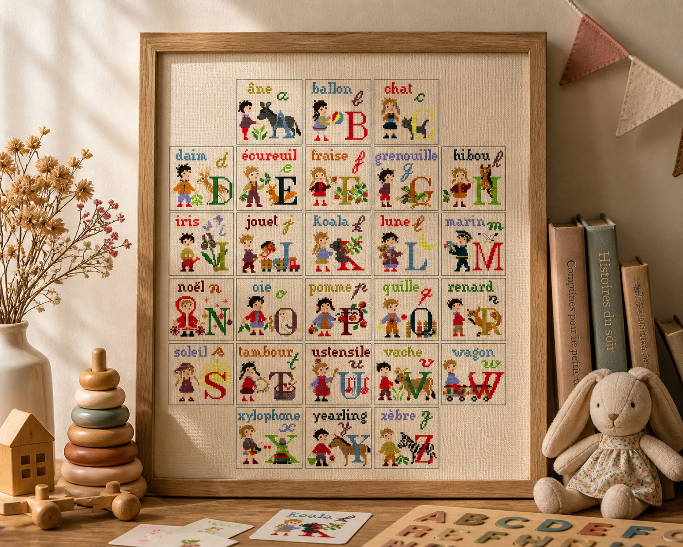 Grille inédite broderie point de croix : ABC Imagier par Perrette Samouiloff. 248×298 pts. Alphabet animaux et objets. Point de croix, ¾ point, point de piqûre, point de nœud.