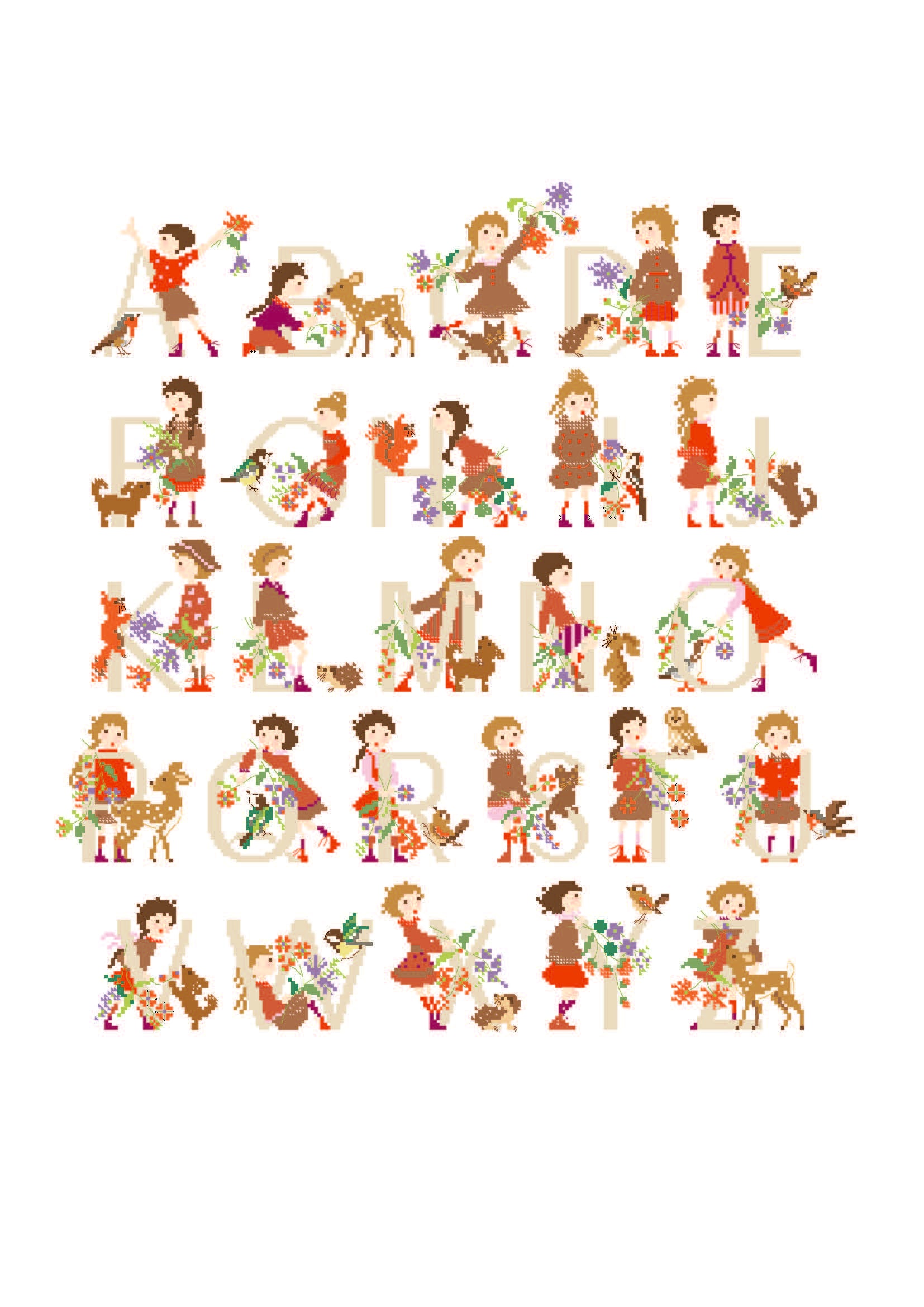Grille point de croix abécédaire par Perrette Samouiloff. Petites filles, fleurs et animaux en tons rouges et mauves. 248 x 264 points. Idéale pour chambre d'enfant.