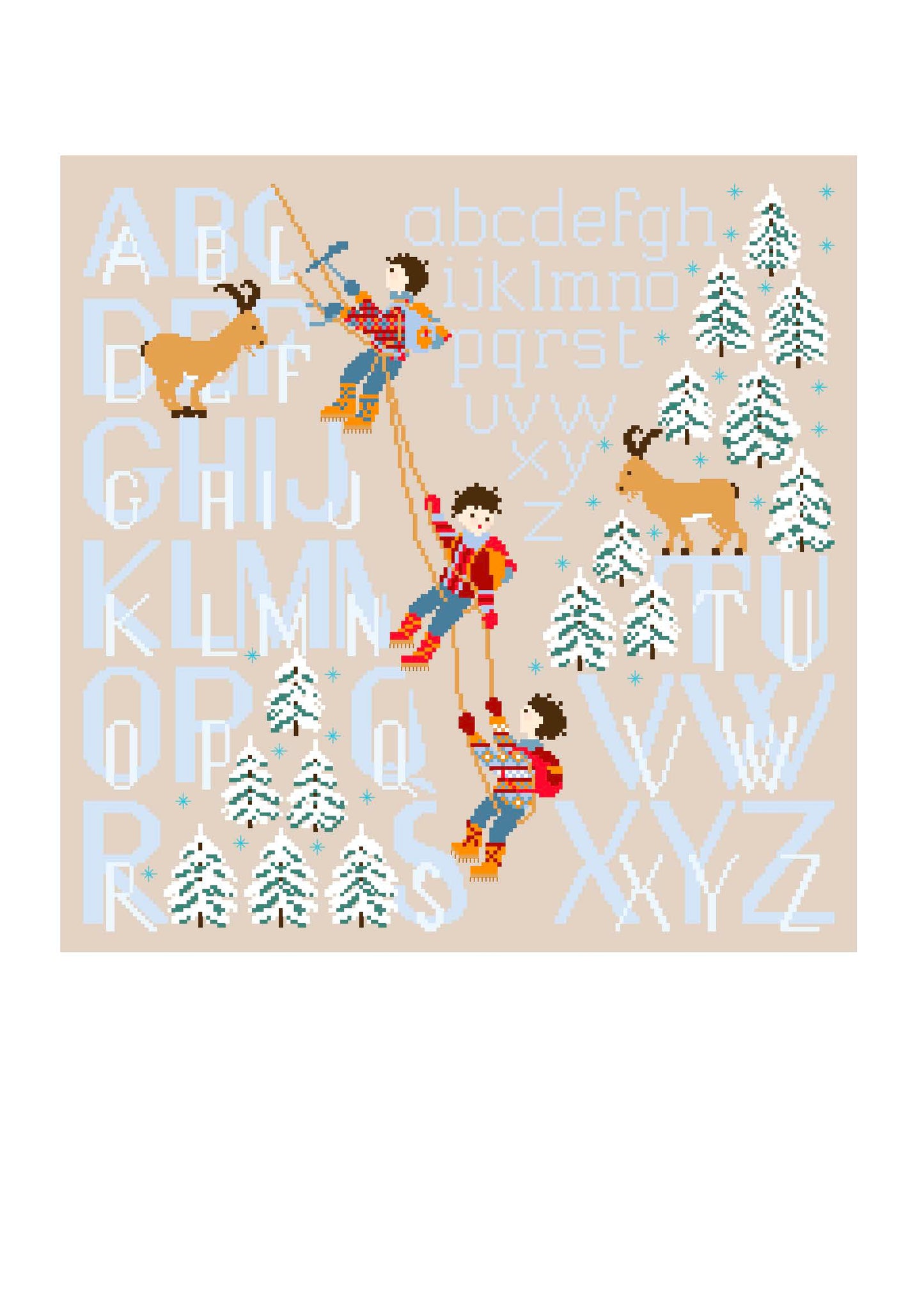 Grille point de croix de Perrette Samouïloff : alphabet alpinistes avec sapins et bouquetins, 195x195 pts. Broderie de montagne sur toile bi ou couleur.