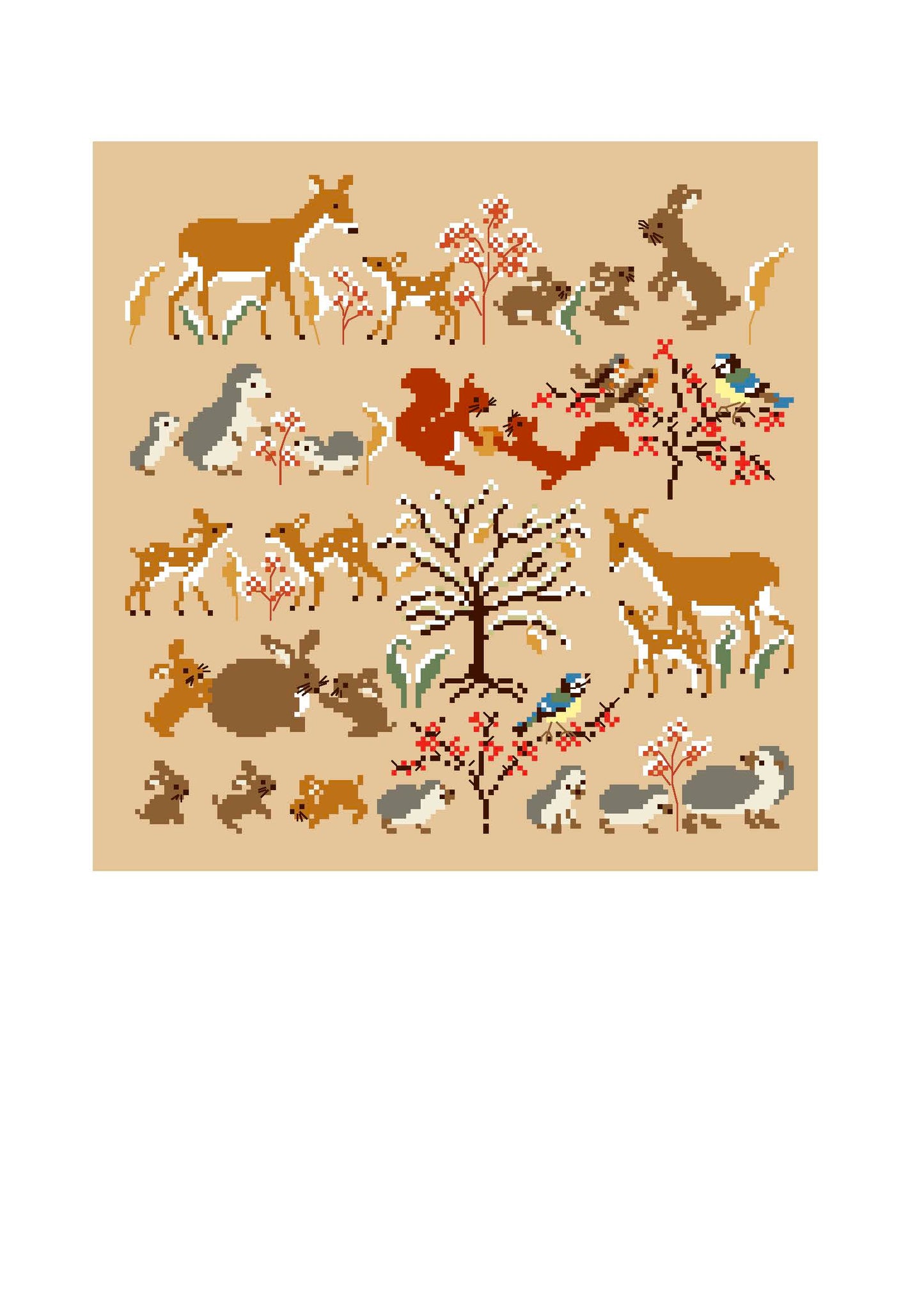 Grille point de croix "Animaux en hiver" par Perrette Samouiloff. 138x136 pts, toile bis ou de couleur. Point de croix et piqûre. . 10 €.