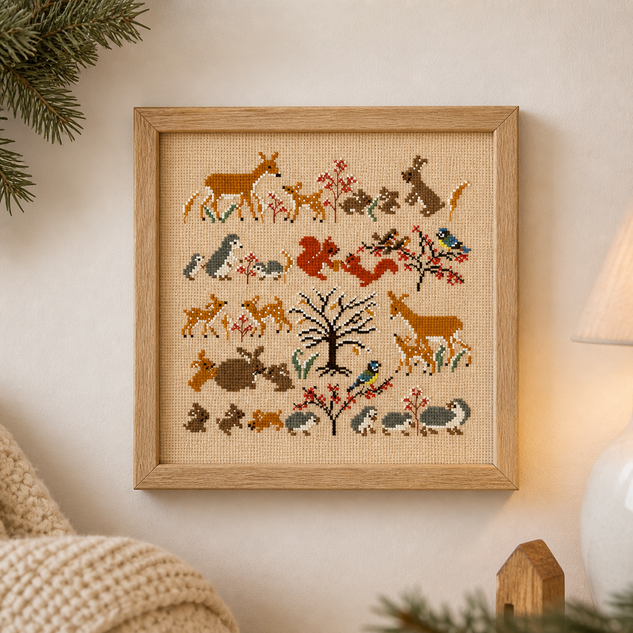 Grille point de croix "Animaux en hiver" par Perrette Samouiloff. 138x136 pts, toile bis ou de couleur. Point de croix et piqûre. . 10 €.