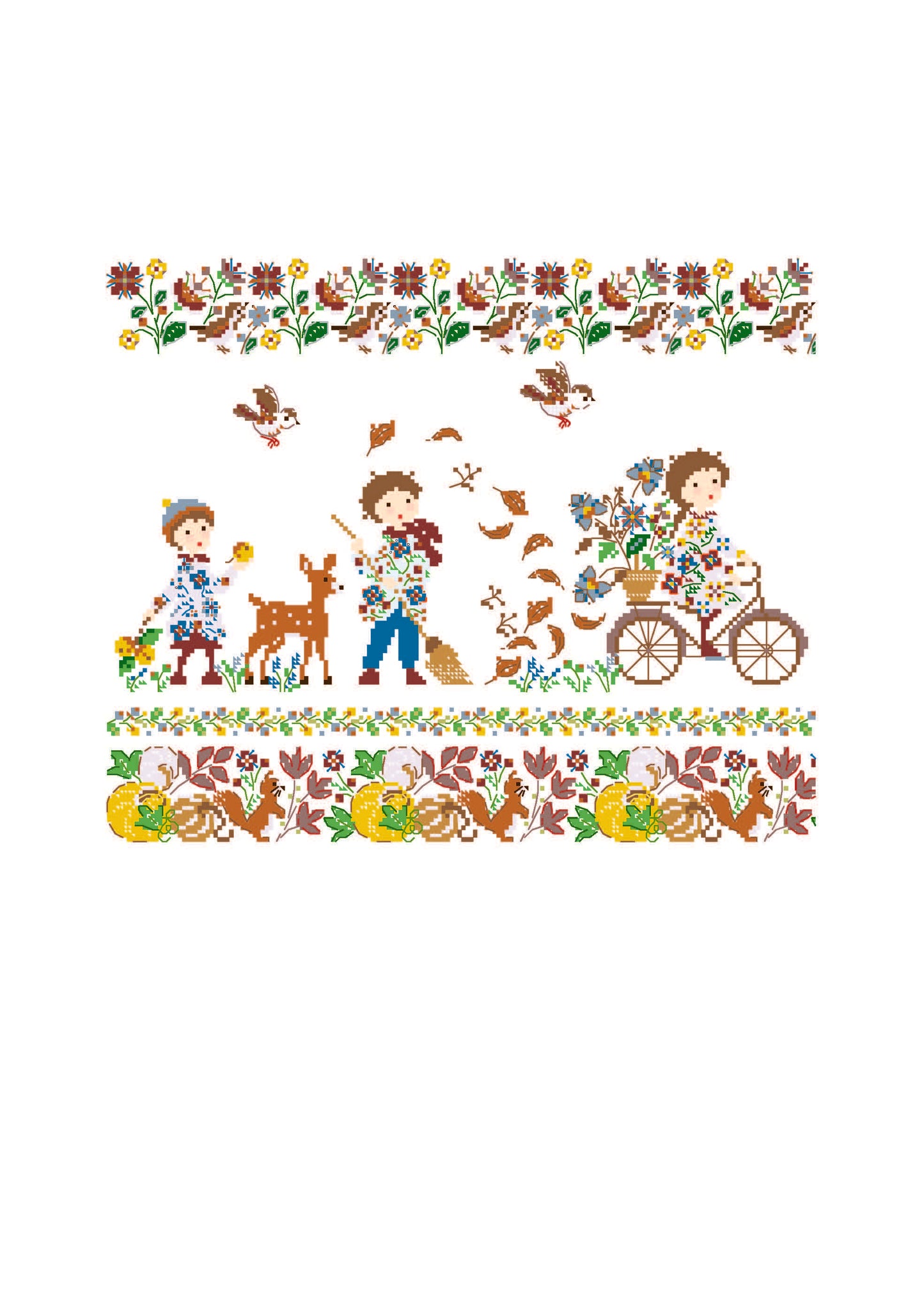 Grille de point de croix de Perrette Samoüïloff : scène automnale avec enfants, animaux et feuillages. 180x148 pts, sur toile blanche ou claire.