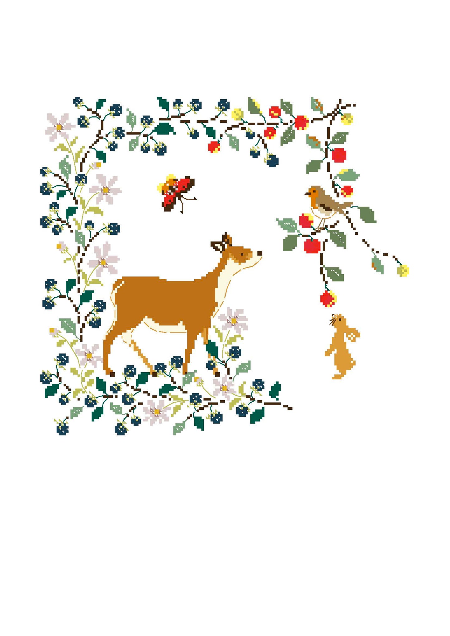 Grille point de croix Ballet d'Automne dans les Bois de Perrette Samouiloff. 158x145 points, biche, lapin, oiseau et papillon en forêt. Toile claire.