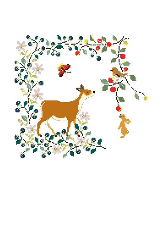 Grille point de croix Ballet d'Automne dans les Bois de Perrette Samouiloff. 158x145 points, biche, lapin, oiseau et papillon en forêt. Toile claire.