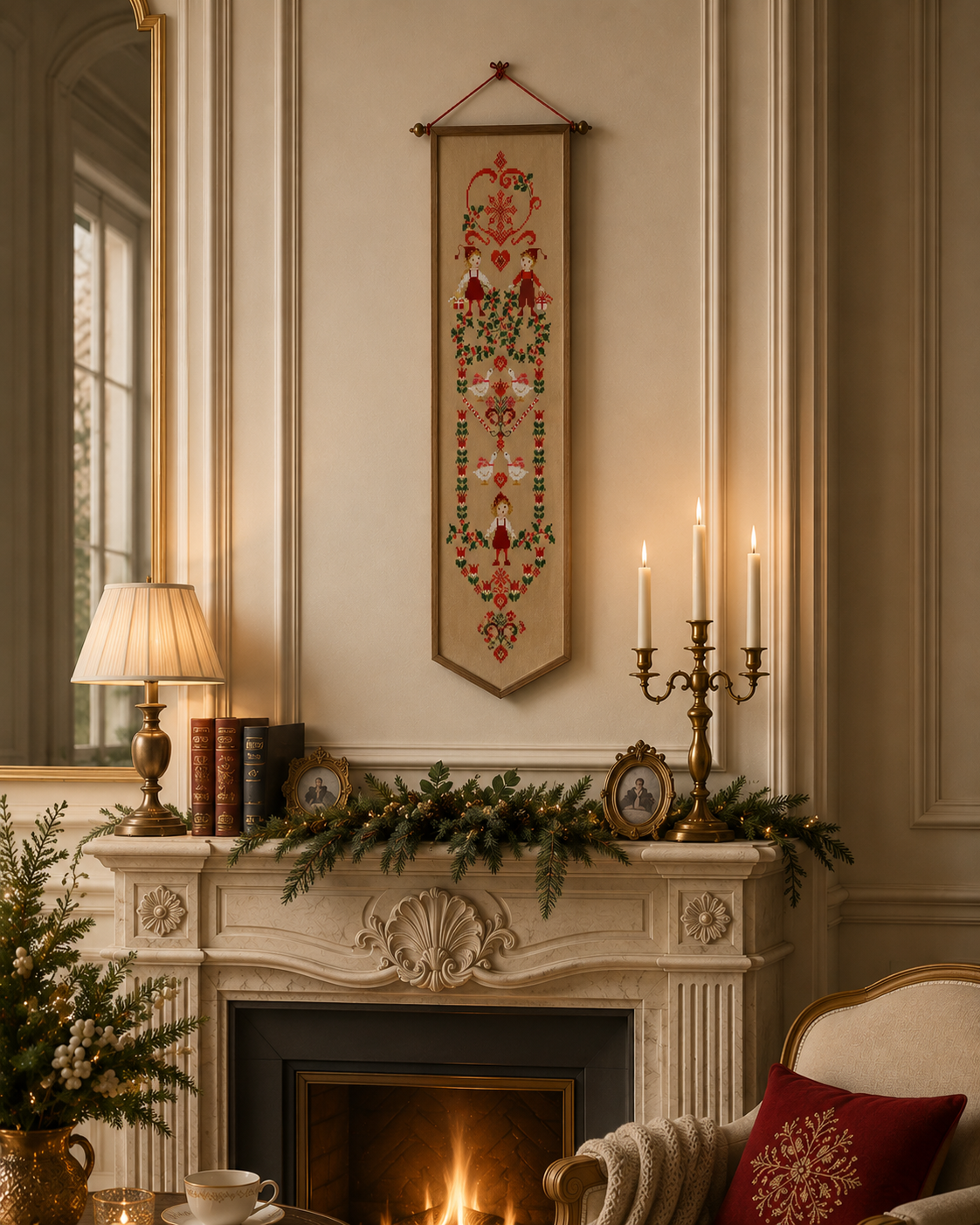 Grille point de croix de Perrette Samouïloff : bande de Noël avec lutins et colombes, 77x259 pts. Broderie festive idéale pour chemin de table ou suspension.