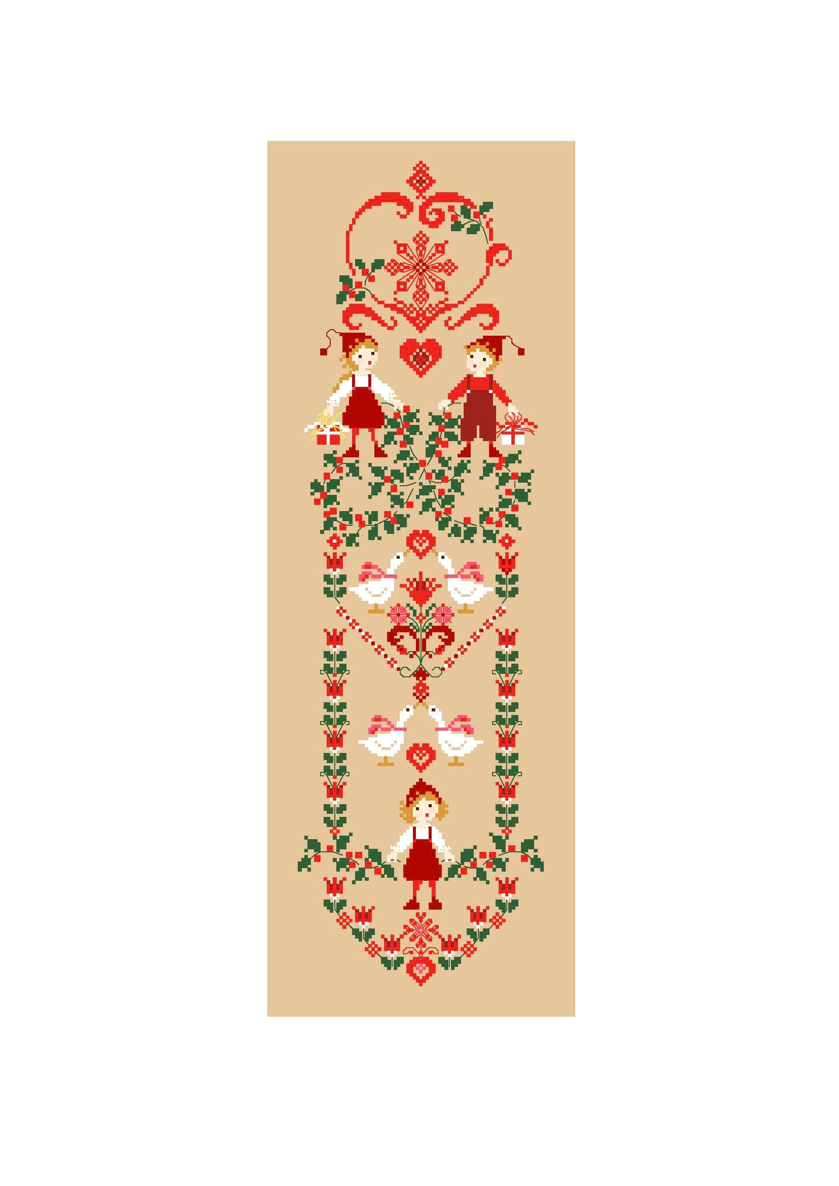 Grille point de croix de Perrette Samouïloff : bande de Noël avec lutins et colombes, 77x259 pts. Broderie festive idéale pour chemin de table ou suspension.