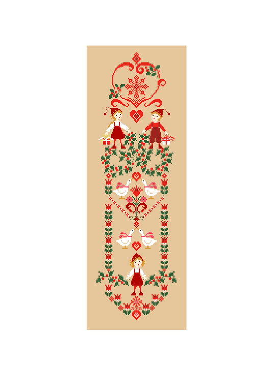 Grille point de croix de Perrette Samouïloff : bande de Noël avec lutins et colombes, 77x259 pts. Broderie festive idéale pour chemin de table ou suspension.