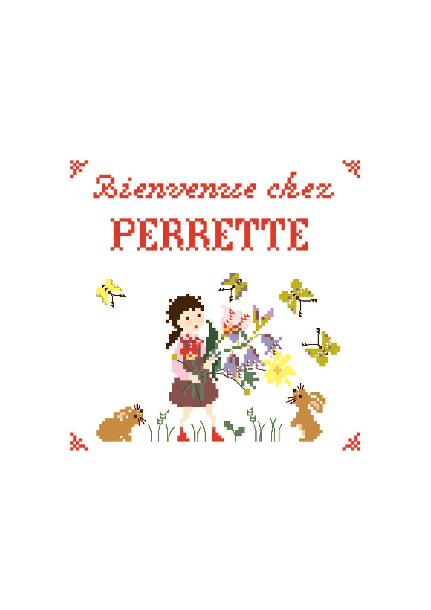 Grille point de croix Bienvenue chez Perrette Samouiloff. Scène champêtre 100x100 points, fleurs sauvages et petits animaux. À broder sur toile claire.