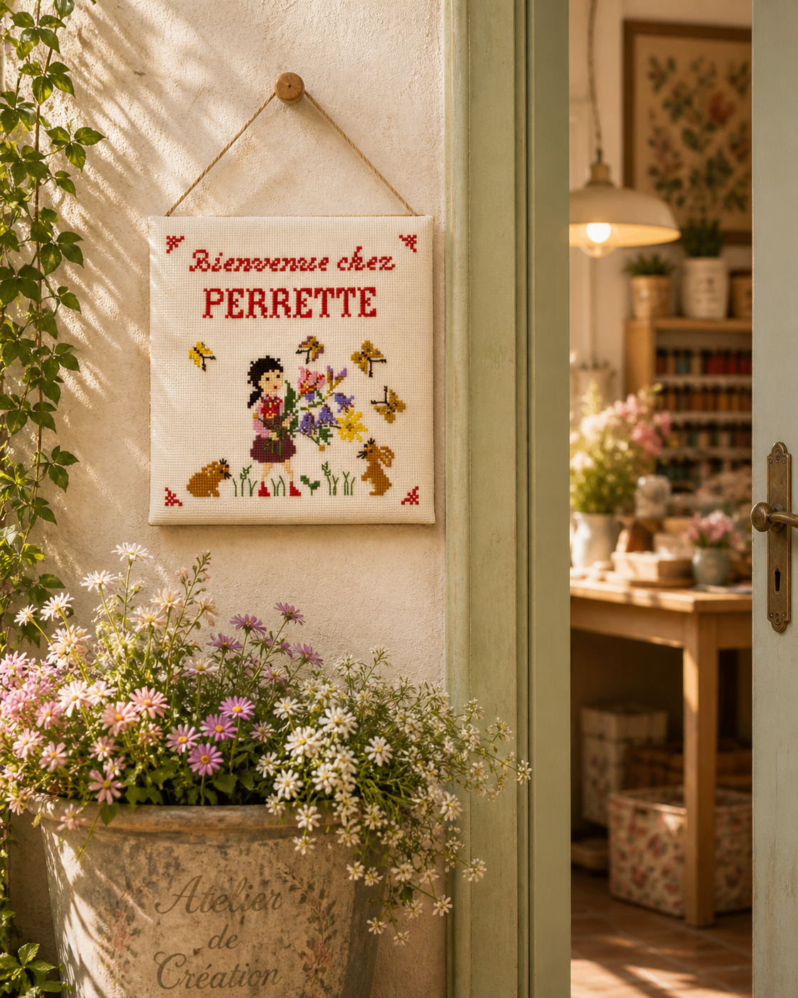 Grille point de croix Bienvenue chez Perrette Samouiloff. Scène champêtre 100x100 points, fleurs sauvages et petits animaux. À broder sur toile claire.