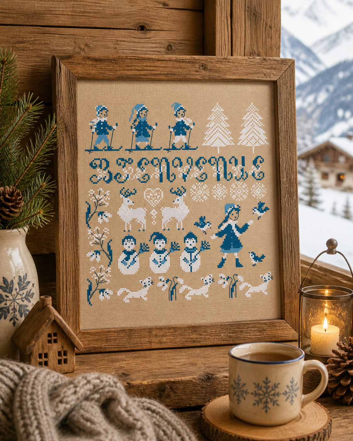 Grille point de croix de Perrette Samouïloff : paysage hivernal avec flocons et personnages, 129x136 pts. Broderie douce et poétique sur toile bis ou couleur.