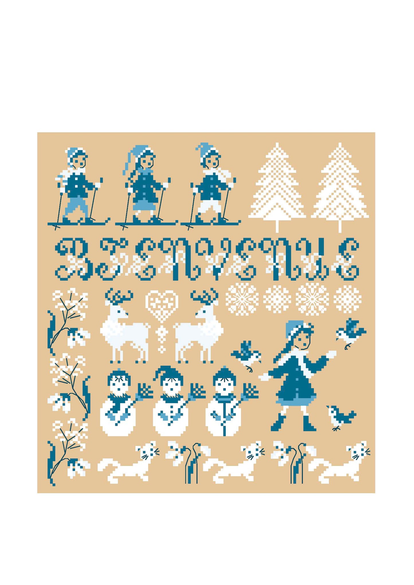 Grille point de croix de Perrette Samouïloff : paysage hivernal avec flocons et personnages, 129x136 pts. Broderie douce et poétique sur toile bis ou couleur.
