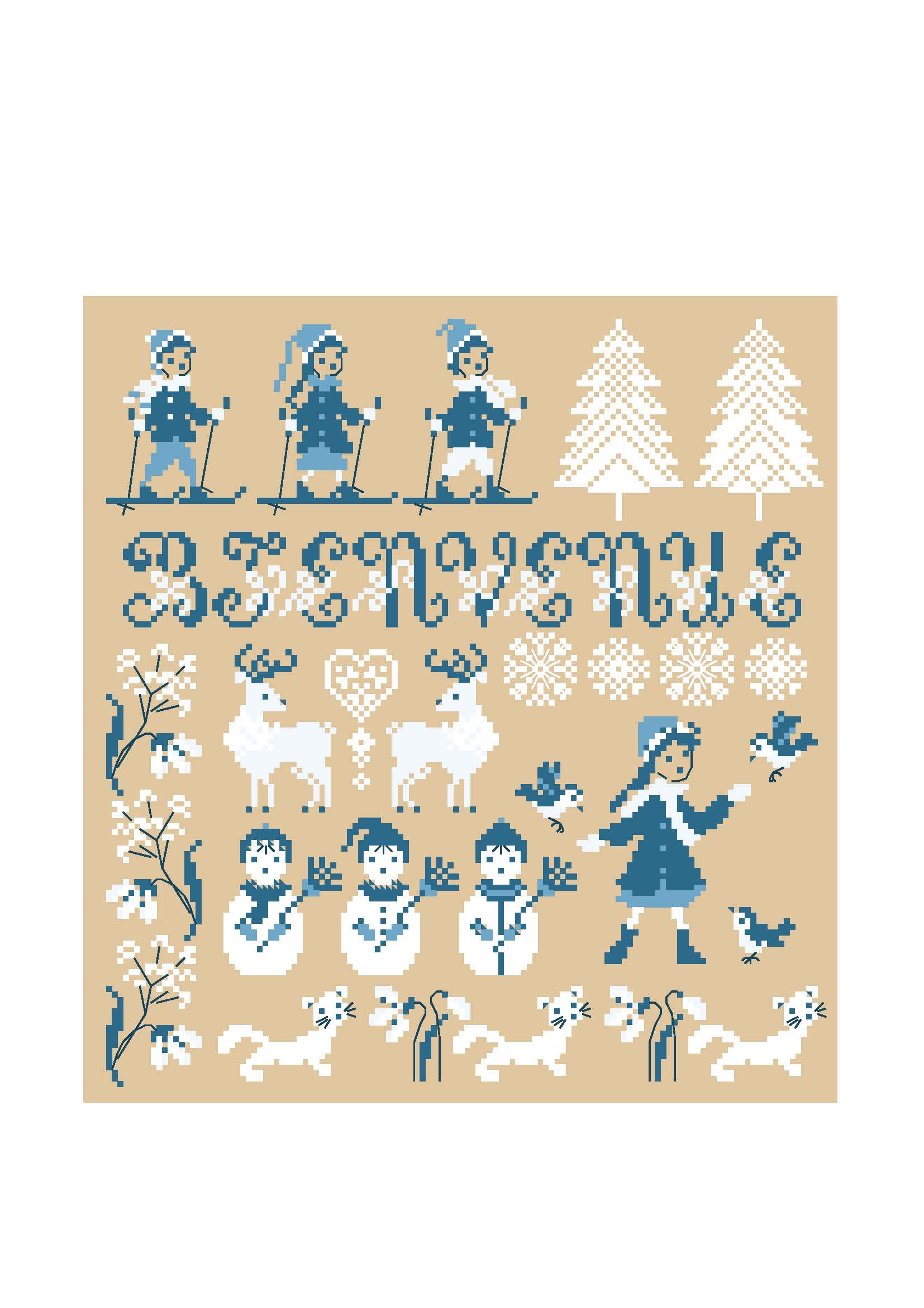 Grille point de croix de Perrette Samouïloff : paysage hivernal avec flocons et personnages, 129x136 pts. Broderie douce et poétique sur toile bis ou couleur.