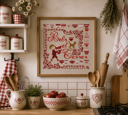 Grille point de croix de Perrette Samouïloff : bols et tasses rétro avec personnage espiègle, 126x127 pts. Broderie gourmande et chaleureuse sur toile bi.