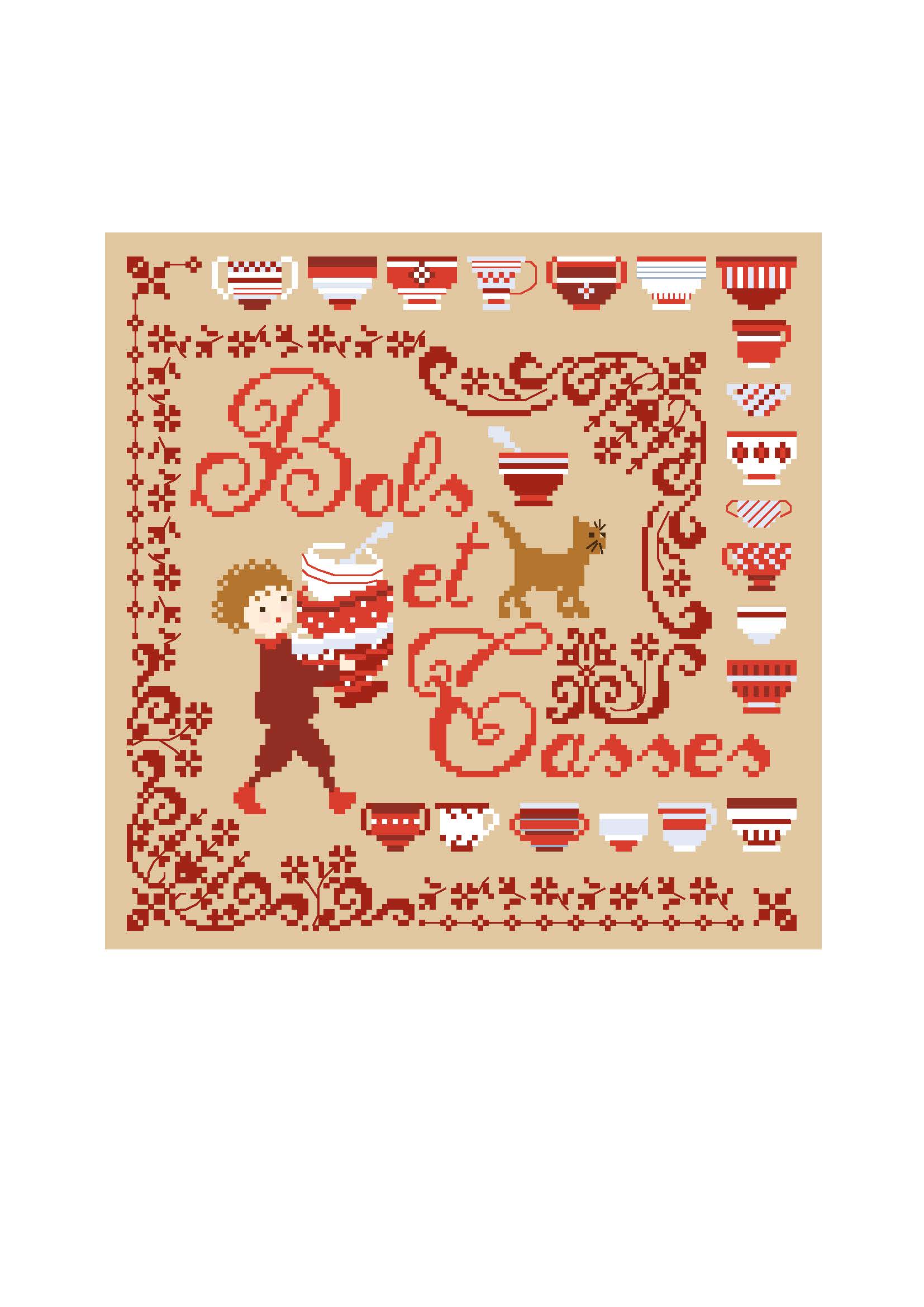 Grille point de croix de Perrette Samouïloff : bols et tasses rétro avec personnage espiègle, 126x127 pts. Broderie gourmande et chaleureuse sur toile bi.