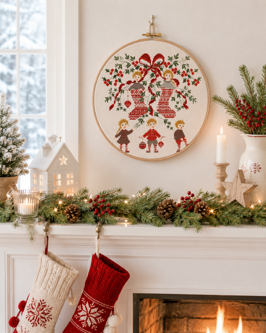 Grille point de croix de Perrette Samouïloff : botte de Noël avec enfants et houx, 145x122 pts. Broderie festive à broder sur toile blanche ou claire.