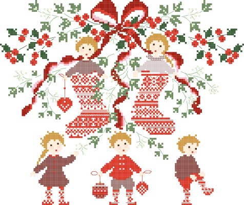 Grille point de croix de Perrette Samouïloff : botte de Noël avec enfants et houx, 145x122 pts. Broderie festive à broder sur toile blanche ou claire.