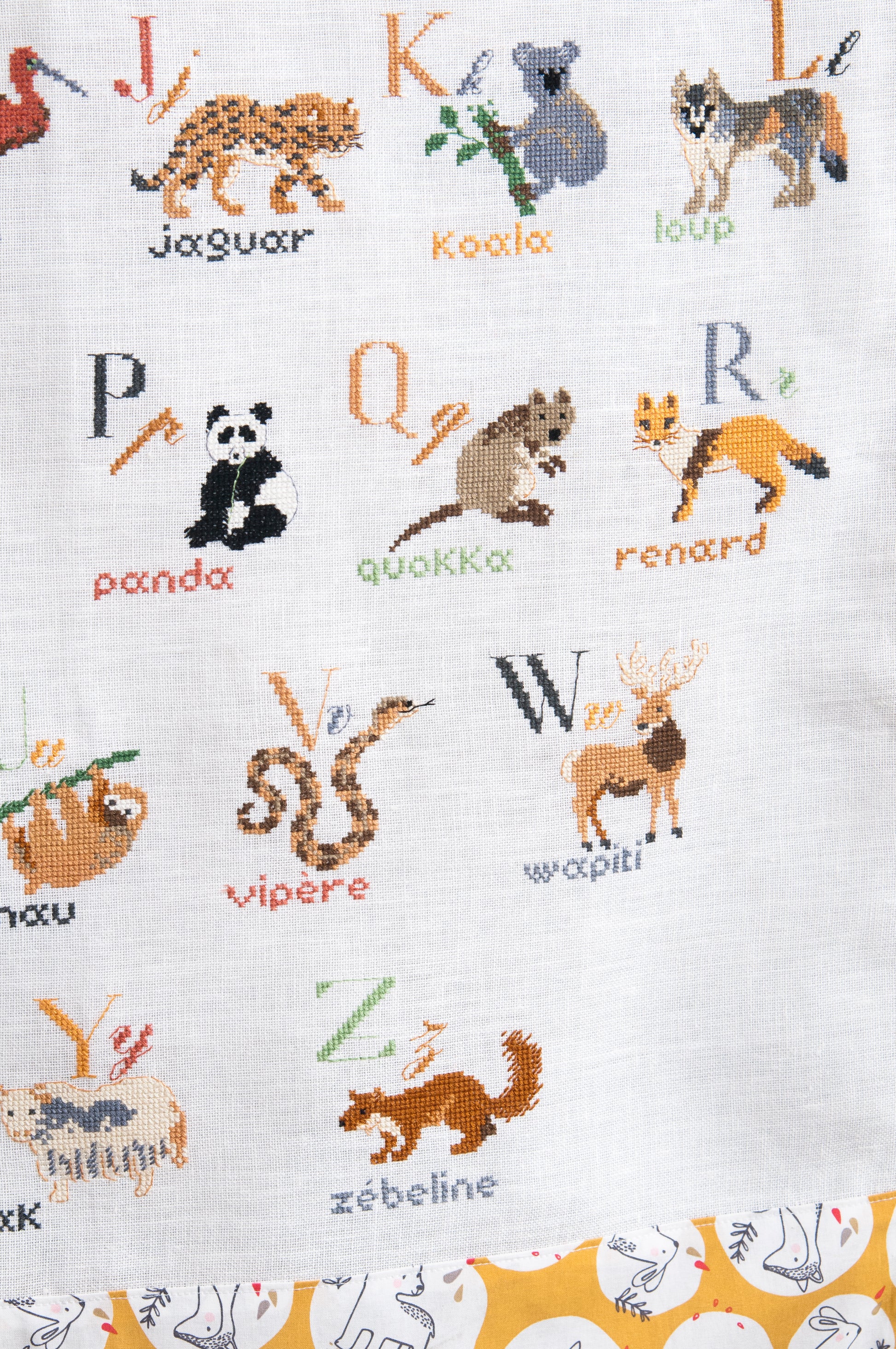 Grille point de croix : abécédaire animé avec animaux de la forêt. Imprimée sur 10 pages avec symboles et couleurs DMC. Sur lin 11 fils blanc.